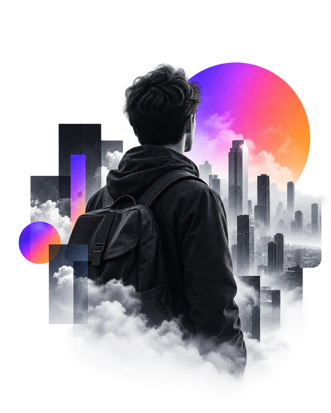 Una persona frente a un paisaje de arquitectura y color, parte del universo visual de BitPopuli
